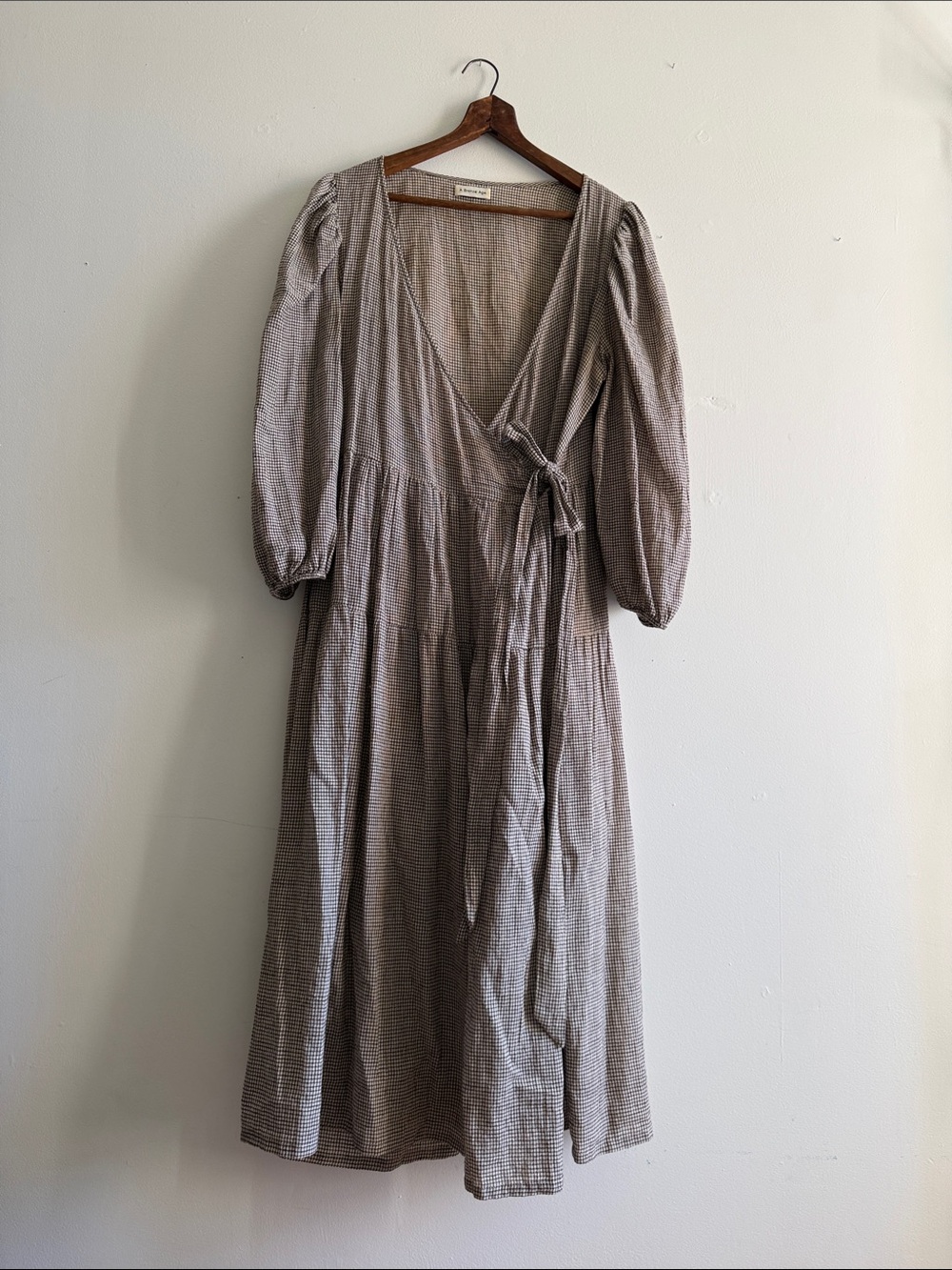 Puff-Sleeve Wrap Midi Dress in Taupe Gingham